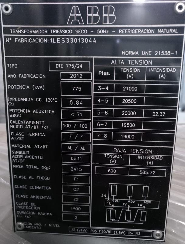 Dry Trafo 20 KV- 775 KVA – 690V ABB DTE 775/24