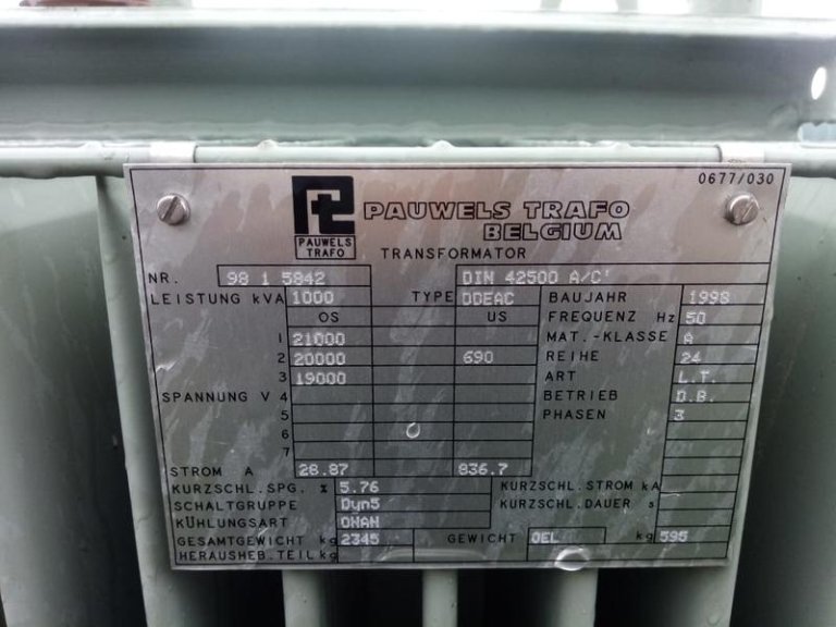 Oil TRANSFORMER PAUWELS 20/0.69 KV, 1000KVA