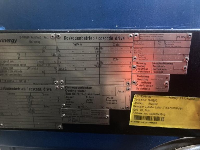 Generador Loher JFWA-560MR-06A 2.75MW Condición usada