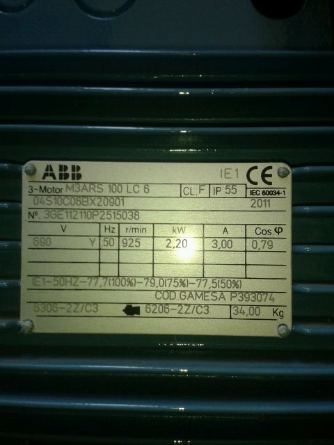 Motor ABB M2ARS 100LC-6 925 u/min 2.2Kw 3A a 690v 50 Hz