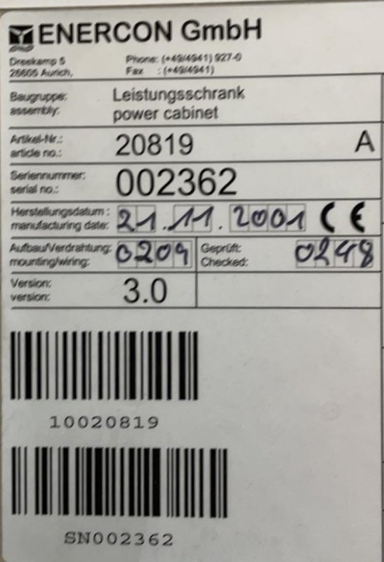 Namepalte cabinet enercon E66, E60, E70