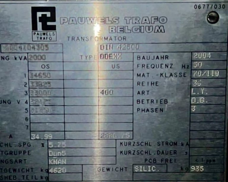 Oil Transformer Pauwels 33 KV  2.000 KVA  400 V nameplate