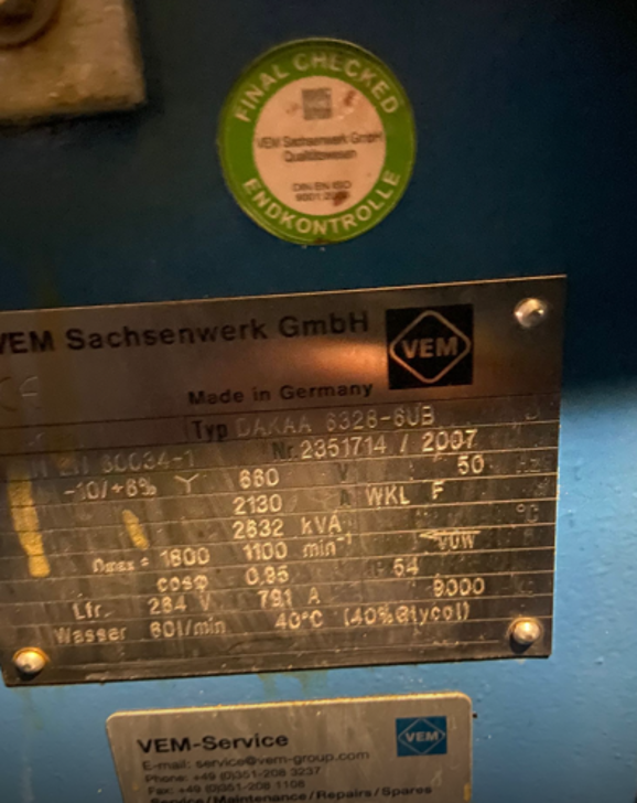 Generator for Nordex N90 Beta (VEM DAKAA 6328-6UB) Nordex VEM DAKAA 6328-6UB