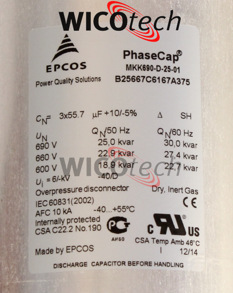 Phase compensation Capacitor Epcos 25 kVAr 690V