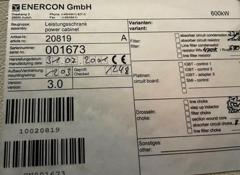 Power Cabinet Enercon 600 Kw for E58, E66 E70