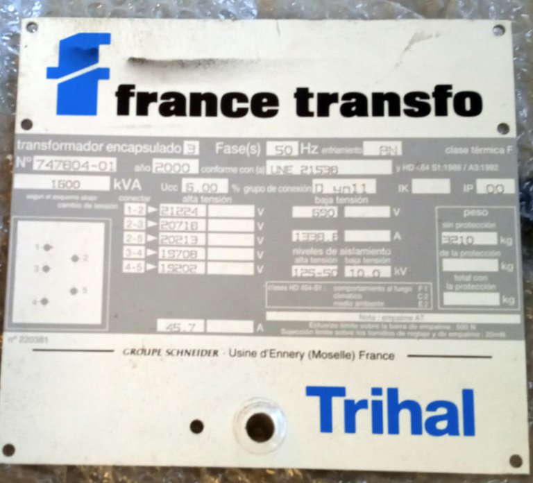 Trafo: 20 KV-1.600 KVA – 690V