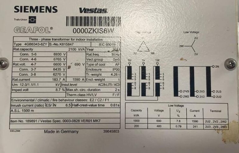 Transformer 2100kVA 6600V 690V /480V