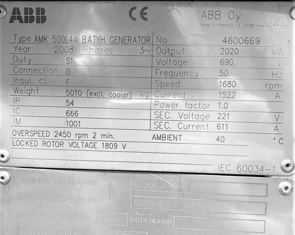 Generador ABB AMK 500 L4A BATYH 2.02 Mw