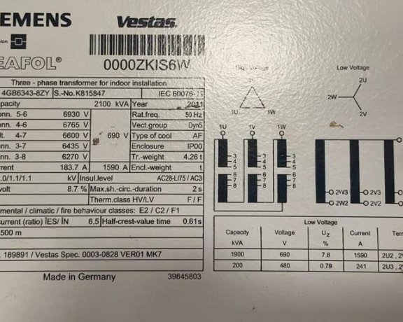 Transformer 2100kVA 6600V 690V /480V