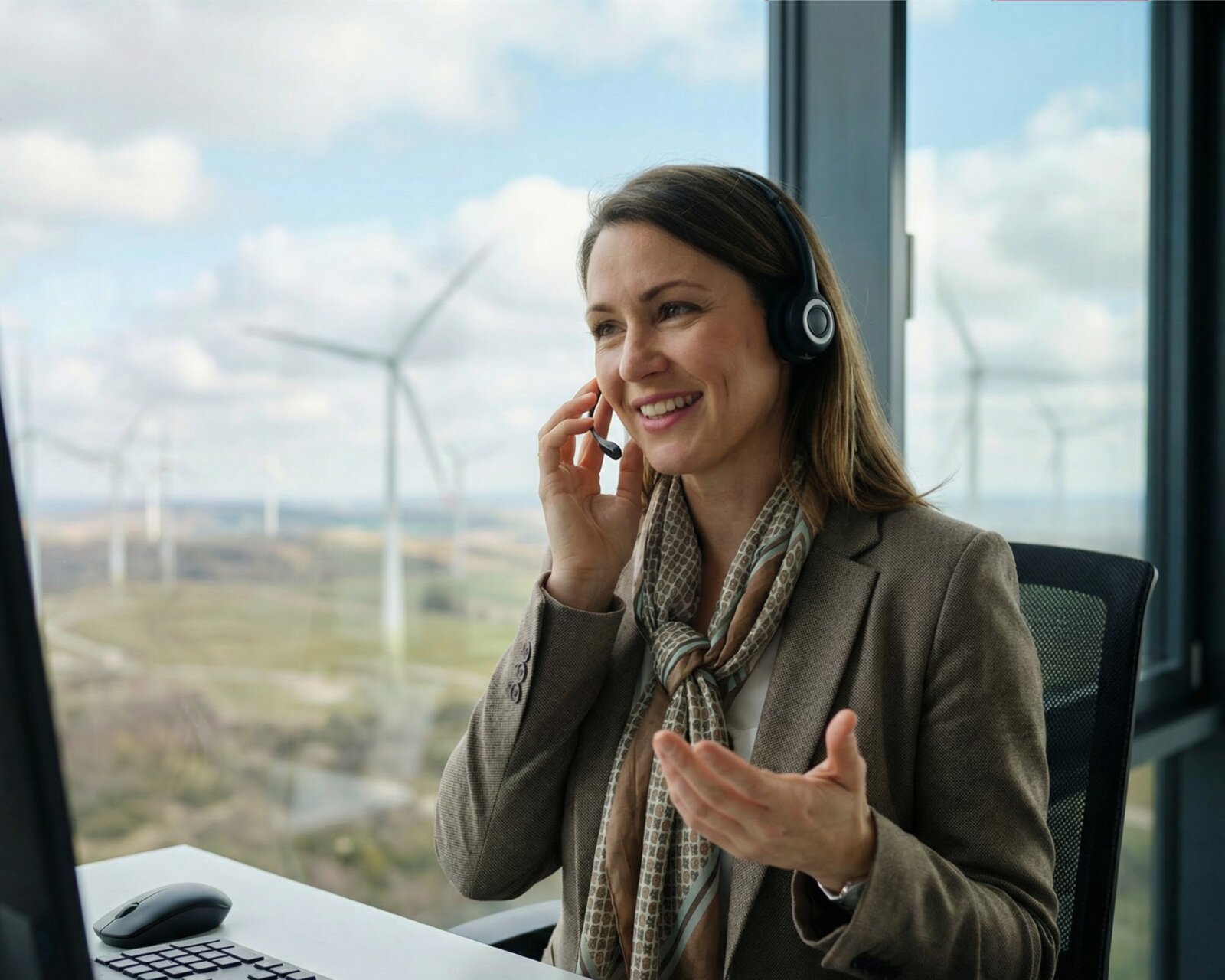 Wind turbine component expert on a phone call